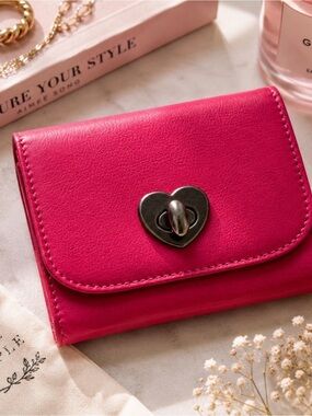NWT Free People Lock It Up Leather Wallet Pink Heart Turn Lock Trifold Card Hold